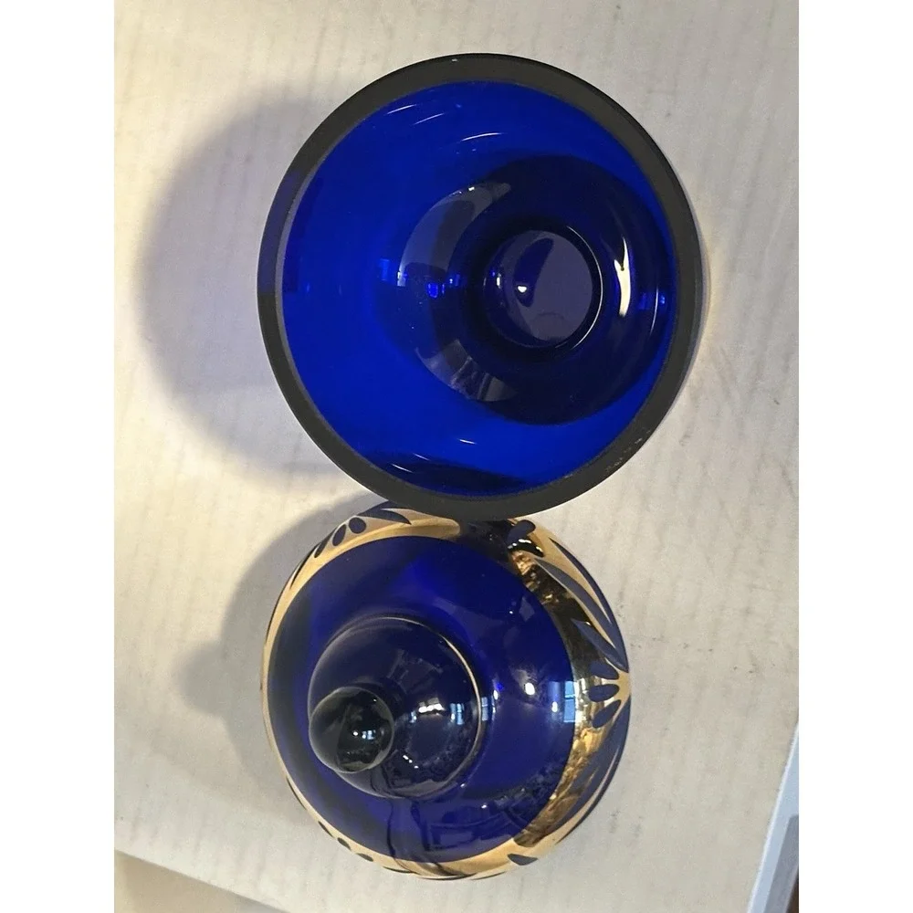 Irena Poland 24% Lead Crystal Cobalt Blue Gold Hand Cut Container Candy Dish Lid